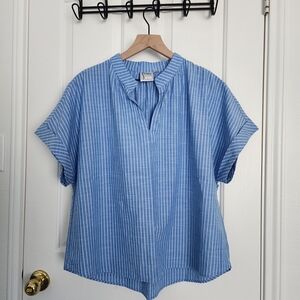Finley Jay Striped Cotton Chambray Blouse In Aqua/blue